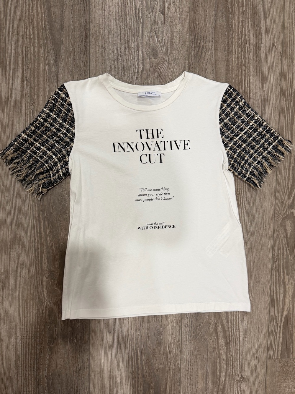 Zara White Tee with Black Tweed Fringe Sleeves